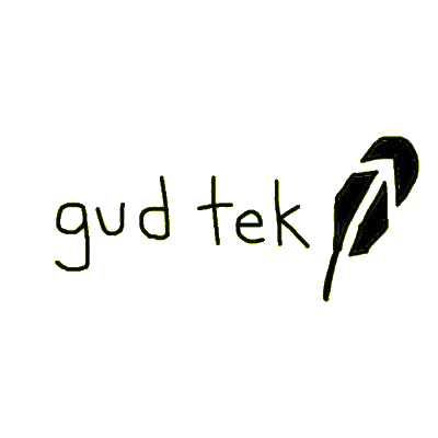 gud tek logo, hand drawn marker text with a badly sketched feather